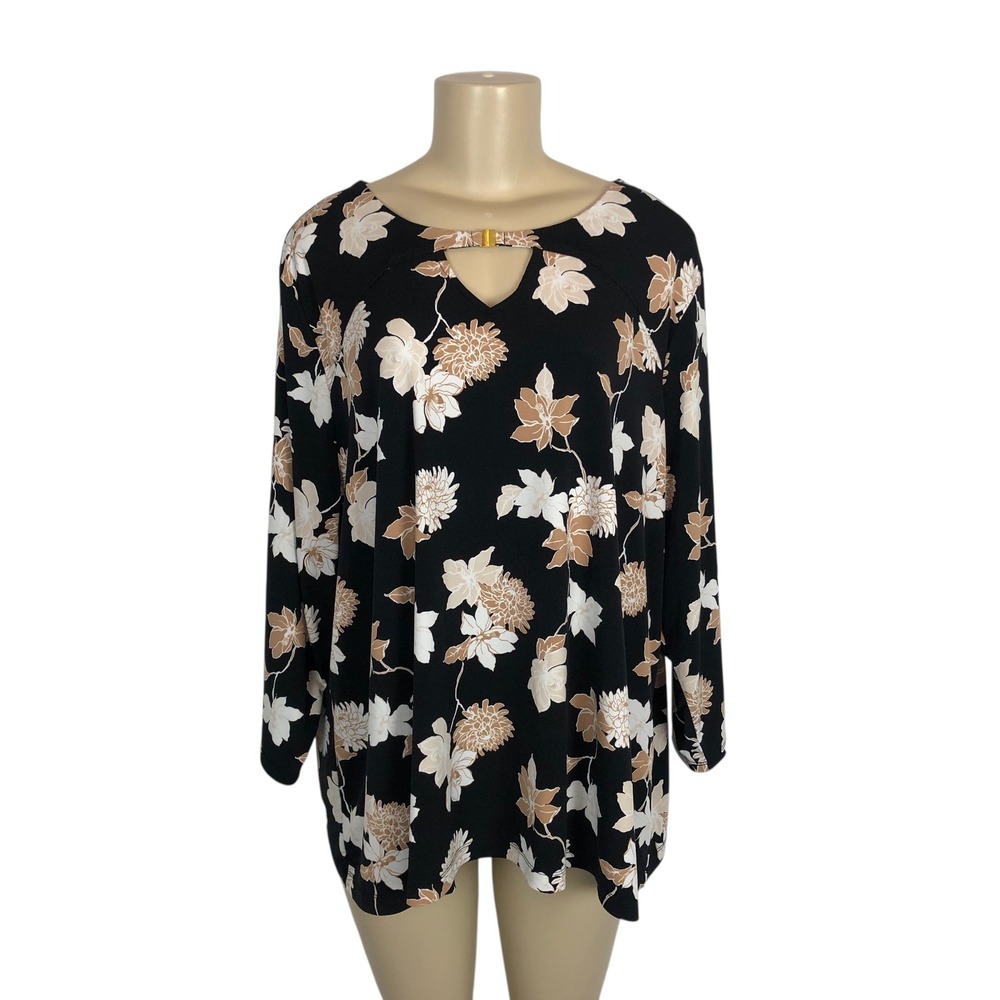 Liz Claiborne Dark Floral Print Keyhole Long Sleeve Top Shirt 2X Boho Office